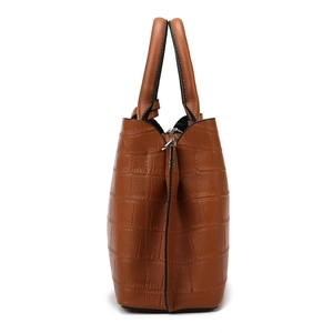 Brown crocodile embossed leather handbag with large capacity and dual handles for women