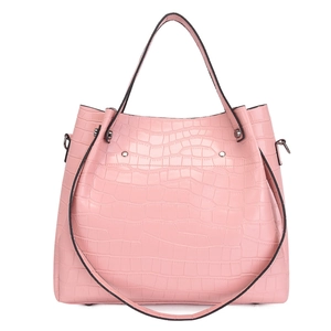 Pink crocodile-embossed faux leather tote bag with top handles and silver stud hardware
