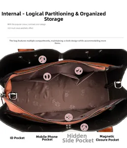 Interior view showing rose-patterned lining, multiple pockets, and silver hardware