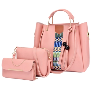 Ensemble Sac Cabas Bandoulière et Portefeuille Femme en Cuir PU Avec Ruban Géométrique Ethnique Gland Style Bohème Sac à Main Mode