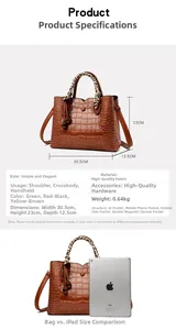 Brown crocodile embossed handbag size chart and iPad comparison showing capacity