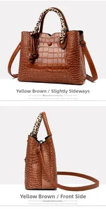 Detail of yellow-brown crocodile embossed handbag with leopard print scarf on handle
