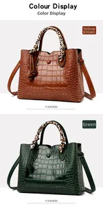 Detail view of crocodile embossed bags in yellow brown and green with leopard scarves