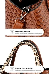 Detail of brown crocodile pattern handbag with leopard print ribbon and metal hook