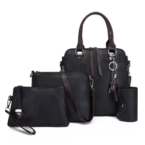 Black four-piece plaid handbag set with top-handle tote and crossbody bag for women