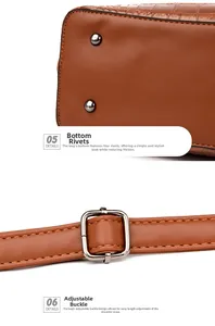 Detail of crocodile pattern leather bag with protective metal studs and adjustable strap