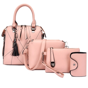 Pink four-piece women handbag set with textured leather, tassel charm, and stitching