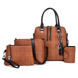 Brown plaid 4-piece handbag set featuring a tote, crossbody bag, and small wallet