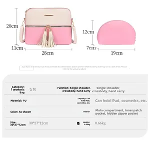 Detailed dimensions of beige and pink large handbag set and matching clutch crossbody bags