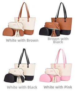 Detailed view of 3-piece bag set with tassel decor, showing large tote and crossbody styles