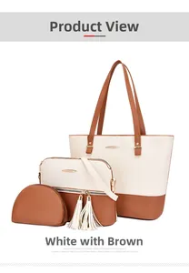 Detailed set of three-piece tote bag in white and brown with dual tassel shoulder bag