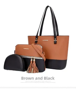 Detailed view of brown and black three-piece bag set with crosshatch leather texture