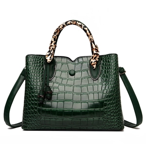Women Crocodile Pattern Handbag PU Leather Shoulder Bag Leopard Scarf Decoration Fashion Retro Large Capacity Tote Fashion Bag