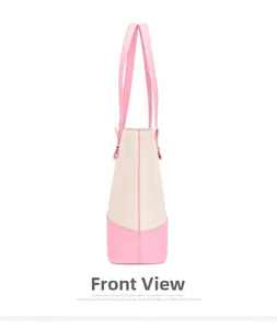 Side view of cream and pink tote bag with side bow detail and smooth faux leather finish