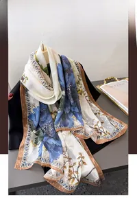 Macro detail of silk-like blue floral shawl showing soft texture and vintage peony patterns