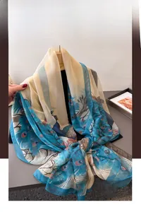 Close-up of lightweight peacock print silk scarf showing fine fabric texture and artistic pattern