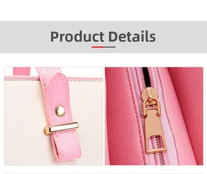 Close-up of pink and beige Saffiano leather texture with premium gold metal zippers