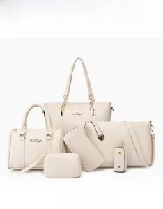 Détail ensemble de 6 sacs à main beige en cuir PU pour femme avec ornements dorés