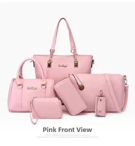 Ensemble de sacs 6 pièces en cuir PU rose avec sac cabas, bandoulière et finitions dorées