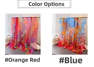 Detail of artistic abstract print on lightweight chiffon scarves in orange and blue