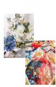 Detail of floral peony printed silk scarf with elegant yellow rolled edge finish