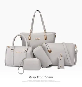 Détail d'un ensemble de 6 sacs à main en cuir PU gris incluant cabas et sac bandoulière