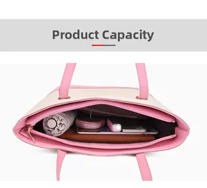Top view of pink and beige patchwork tote bag interior showing large storage capacity