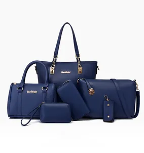 Ensemble détaillé de six sacs à main bleu marine en cuir PU avec cabas et pochette