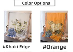 Detailed comparison of peony print silk scarves in khaki beige and bright orange shades