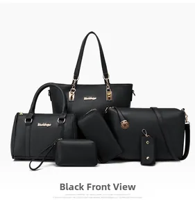 Vue de face du lot de 6 sacs cabas noirs avec détails dorés et finition en simili cuir