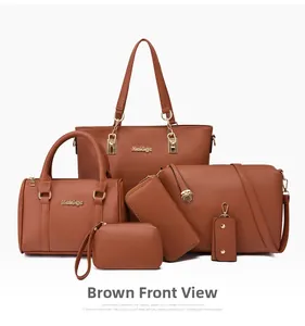 Vue de face d'un ensemble de 6 sacs en similicuir marron avec cabas et sac à bandoulière