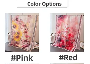 Detail eines Seidenschals mit Blumendruck in Pink und Rot aus leichtem, transparentem Stoff