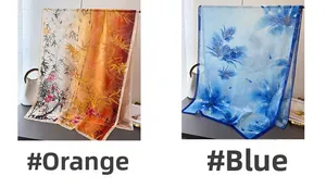 Detailansicht von orangefarbenem Bambus und königsblauem Blumenschal aus Seide mit Textur