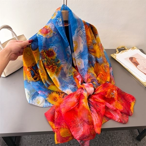 Artistic Van Gogh Sunflower print silk scarf lightweight shawl wrap for women