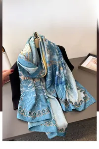 Detail of blue silk scarf featuring intricate bohemian floral patterns and baroque scrolls