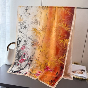 Detailaufnahme des Seidenschals mit Farbverlauf und traditionellem chinesischem Bambus-Print