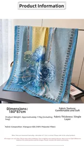 Blue and gold peony floral silk scarf detail showing 180x87cm size and soft texture