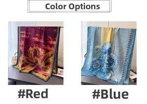 Close-up detail of blue and red floral patterns on elegant satin silk scarves and shawls