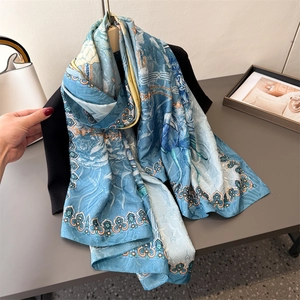 Blue floral silk scarf with elegant classical pattern and baroque borders for women