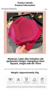 Detailed view of rose red polka dot satin scarf with dimensions and fabric information