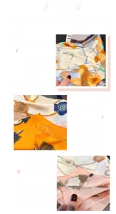 Detail view of printed faux silk scarf showing fine floral patterns and rolled hem edges