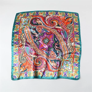 Colorful paisley satin square scarf with bohemian fruit pattern and glossy silk finish