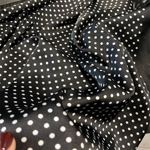 Detail of silk-like black fabric with white polka dot patterns and soft texture