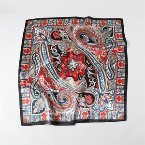 Red and blue paisley print satin square scarf with vintage floral pattern and silk finish