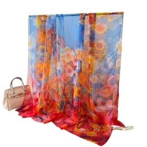 Sunflower print soft sheer scarf and wrap shawl with vibrant blue and orange floral art