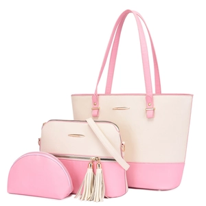 Ensemble de 3 sacs à main pour femme rose et beige avec cabas et sacoche bandoulière
