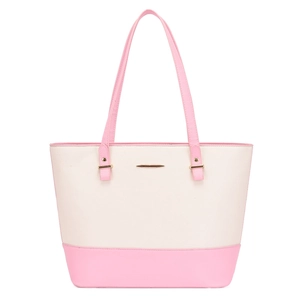 Vue de face du grand sac cabas bicolore en similicuir crème et rose avec accents dorés