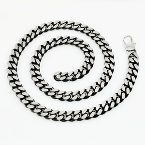 Close-up of dual-tone silver and black Cuban link chain with a secure lobster clasp