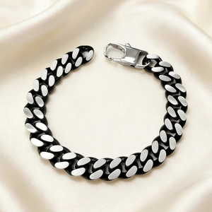 Men's hip hop matte black and silver stainless steel Cuban link chain with lobster clasp
