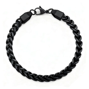 Dettaglio macro del bracciale da uomo a catena intrecciata nera opaca con moschettone